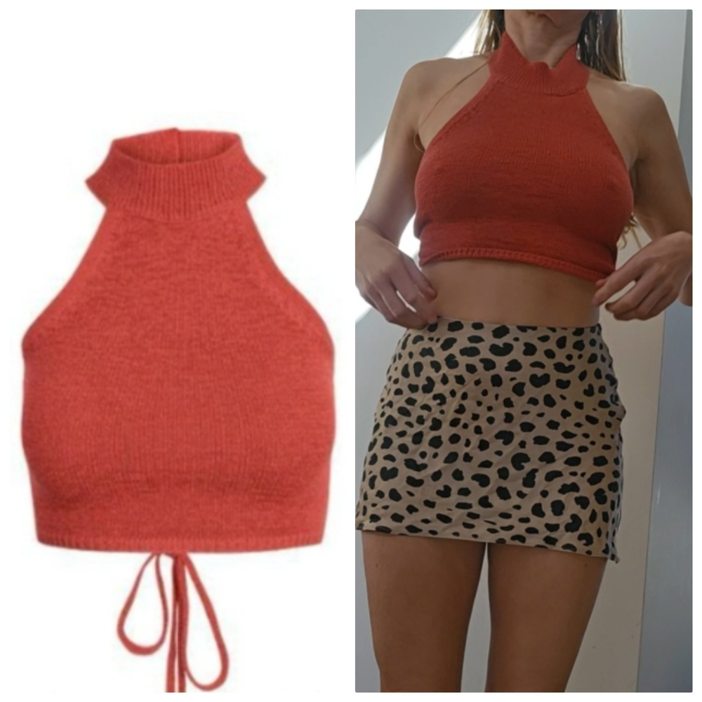 Asta Resort Catalina Apricot Orange Knit Halter Tie Up Crop Top Xs